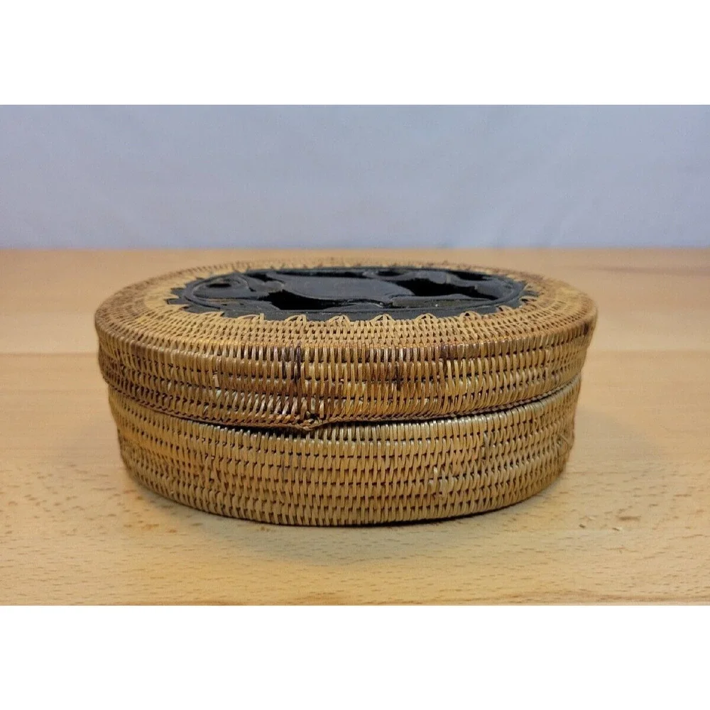 Turtle Carved Wooden Woven Rattan Basket with Lid Wood Base Trinket Box 6.5”